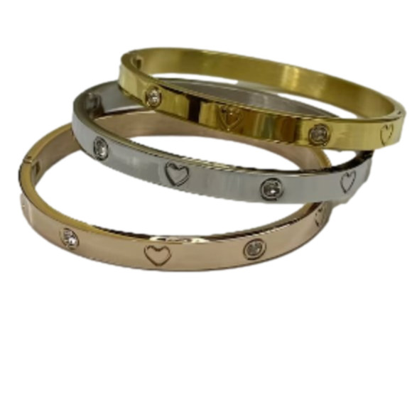 Gold Plated Stainless Steel Bangle with Cubic Zirconia and Engraved Hearts - Picture 3 of 4